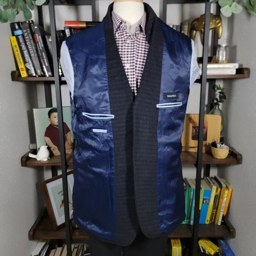 Nautica Men's‎ Flannel Sport Coat Blazer Two Button Brown Navy Plaid Size 46L
